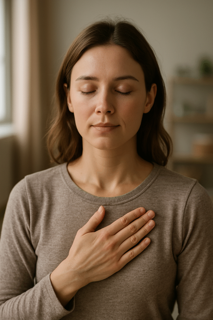 femme avec la main sur le cœur