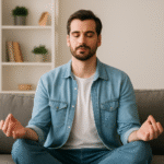 homme en position de méditation, les yeux fermés