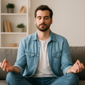 homme en position de méditation, les yeux fermés