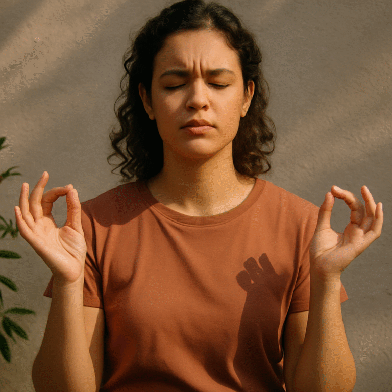 femme avec les bras repliés en haut, les pouces rejoignent les index avec le front plissé.