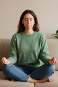 femme en position de méditation avec les pouces qui rejoignent l'index