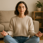 femme assise en position de méditation, les yeux fermés dans son salon
