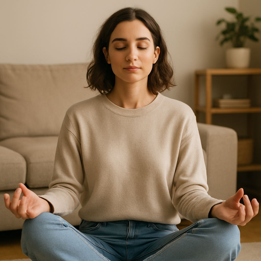 femme assise en position de méditation, les yeux fermés dans son salon