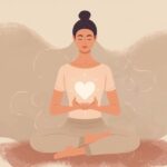 une femme en position de méditation avec dans ses mains un cœur