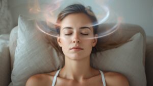 une femme en méditation avec des tourbillons autour de la tête
