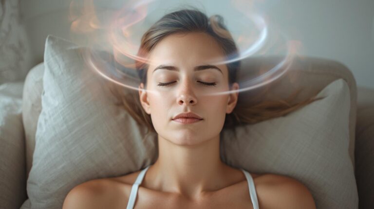 une femme en méditation avec des tourbillons autour de la tête
